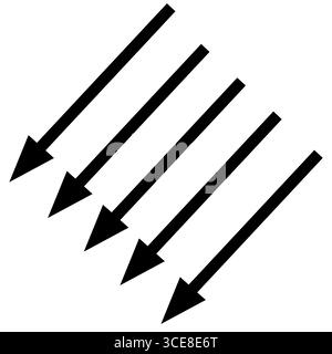 Satz handgezeichneter schwarzer Pfeile mit einfachen Linien nach unten. Symbolgruppe für linearen Pfeil. Vektorillustration, flache Ausführung. Isolierte Abbildung. Stockfoto