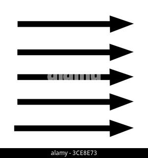 Satz handgezeichneter schwarzer Pfeile mit einfachen seitlich zeigenden Linien. Symbolgruppe für linearen Pfeil. Vektorillustration, flache Ausführung. Isolierte Abbildung. Stockfoto