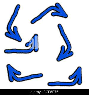 Satz handgezeichneter blauer Pfeile mit schwarzen Schatten, einfache Linien, die in verschiedene Richtungen zeigen. Sammlung von Symbolen für lineare Pfeile. Vektorabbildung Stockfoto