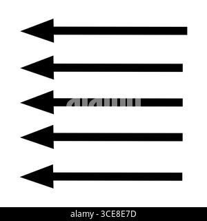 Satz handgezeichneter schwarzer Pfeile mit einfachen seitlich zeigenden Linien. Symbolgruppe für linearen Pfeil. Vektorillustration, flache Ausführung. Isolierte Abbildung. Stockfoto