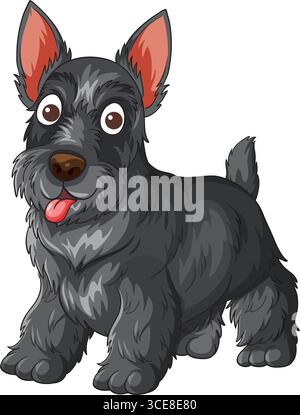 Vektor-Illustration eines fröhlichen schottischen Terrier-Hundes mit schwarzem Pelz, aufrechten Ohren und ausdrucksstarken Augen in einem verspielten Cartoon-Stil Stock Vektor