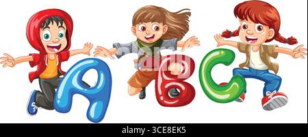 Drei animierte Kinder interagieren freudig mit großen, lebendigen Buchstaben. Leuchtende Farben und verspielte Ausdrucksformen unterstreichen die fröhliche Komposition Stock Vektor