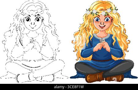 Vektor-Illustration eines lächelnden blonden Mädchens mit einer Blumenkrone, trägt ein blaues Kleid, dargestellt in Farbe und Umrissstilen Stock Vektor