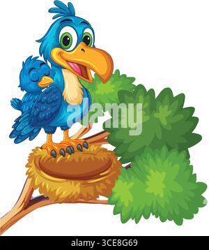 Helle Vektor-Illustration von zwei blauen Zeichentrickvögeln, einem Erwachsenen und einem Küken, die in einem Nest auf einem Laubbaumzweig thront Stock Vektor