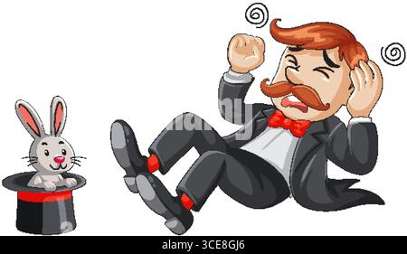 Der Cartoon-Magier im Smoking stürzt überraschend rückwärts, während ein lächelndes Kaninchen aus einem Zauberhut im flachen Vektorstil herausspringt Stock Vektor