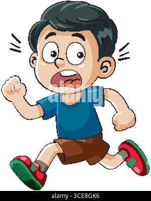 Eine Vektor-Illustration eines Zeichentrickjungen, der mit einem panischen Ausdruck läuft, mit hellen Farben und dynamischer Bewegung Stock Vektor
