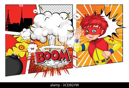 Vektor-Comic-Illustration eines rothaarigen Jungen-Superhelden mit Maske, dynamischer Explosion, kräftigen Farben, Rastereffekten und dramatischem Comic-Panel-Layout Stock Vektor