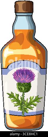 Farbenfrohe Vektor-Illustration einer Whiskyflasche mit einem detaillierten Distelblüten-Etikett, klaren Linien und einem hellen, flachen Zeichentrickstil Stock Vektor