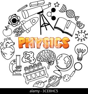 Handgezeichnete Vektorillustration von physikalisch relevanten Symbolen in kreisförmiger Komposition mit fettgedrucktem orangefarbenem Text und schwarzen Umrisselementen Stock Vektor
