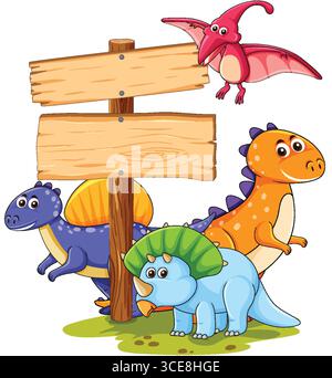 Lebendige Vektor-Illustration von verspielten Dinosauriern um ein leeres hölzernes Schild. Leuchtende Farben und Cartoon-Stil unterstreichen das fröhliche Thema Stock Vektor