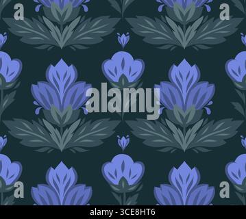 Nahtloses Vektor-Muster mit dekorativen Blumen im Volkskunststil. Elegantes Blumendesign in Blau- und Grüntönen, ideal für Tapeten, Textilien, Packung Stock Vektor