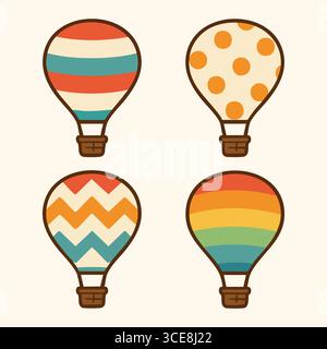 Sechs fröhliche Ballons mit auffälligen Bändern, Zickzack-Chevrons und gepunkteten Mustern mit sanften Schattierungen und Vintage-Charme. Stock Vektor