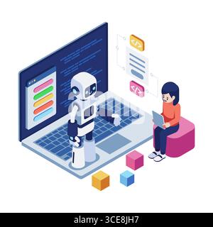 Isometrischer KI-Roboter, der Kind lernt, Codierung zu lernen. KI und Kodierung für Kinder-Konzept Stock Vektor