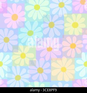 Kamillenmehrfarbige Blüten. Wunderschönes nahtloses Blumenmuster. Handgezeichnete botanische Illustration des Frühlings-Sommers auf blauem Hintergrund. Druck für Textilien Stockfoto