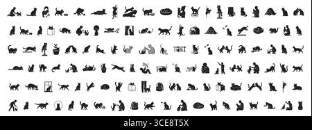 Schwarze Silhouetten verschiedener Katzen und Kätzchen in verschiedenen verspielten Posen. Isoliert auf weißem Hintergrund. Konzept von Haustieren, Ikonen von Haustieren, Design e Stock Vektor