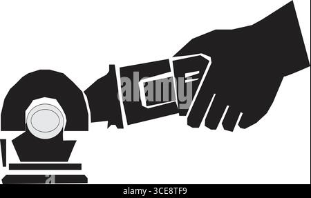 Eine schwarze Silhouette einer Hand, die eine Kreissäge hält und durch ein Material schneidet Stock Vektor