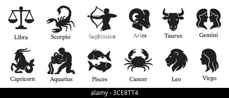 Schwarze Silhouettenkollektion mit zwölf Sternzeichen auf weißem Hintergrund. Begriff der Astrologie, Horoskop-Symbole, Tierkreissymbole, astrologische Zeichen, Astrologie Stock Vektor