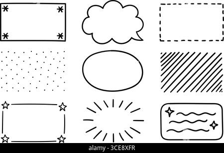Sammlung von Kritzelrahmen, Sprechblase und dekorativen Elementen isoliert auf transparentem Hintergrund. Stock-Vektor-Illustration in handgezeichnetem Stil. Stock Vektor