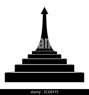 Wachstumsschritte mit Aufwärtspfeil. Mehrstöckige Treppe führt nach oben zu einem hohen, geschwungenen Pfeil, der Wachstum, Fortschritt, Erfolg und Leistung symbolisiert. Stock Vektor