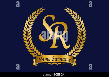 Anfangsbuchstaben S und R, SR-Monogramm-Logo mit Lorbeerkranz. Luxuriöses goldenes Emblem mit Kalligraphie-Schriftart. Stock Vektor