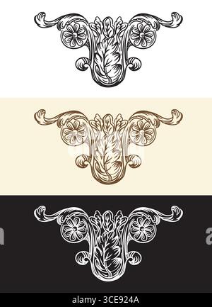 Barockes Blumendesign im Vintage-Stil. Graviertes Blatt mit Ornamenten, florales Retro-Muster. Dekoratives Monogramm in drei Farben. Filigrane kalligraphische ve Stock Vektor