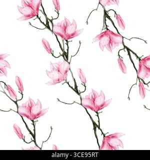Nahtloser Hintergrund Magnolienblume botanisches Aquarell handgemalt auf weißem strukturiertem Papier Stockfoto