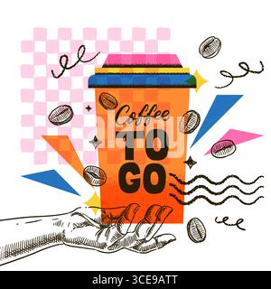 Coffee To Go-Banner mit einer Tasse zur Hand und gerösteten Bohnen. Moderne Vektorskizzen-Collage-Illustration. Design für Café-Menü, Verpackung, Poster, Branding, Stock Vektor