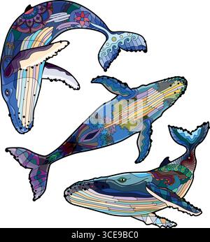 Set schwimmender Wale für Anti-Stress-Malseite. Stock Vektor