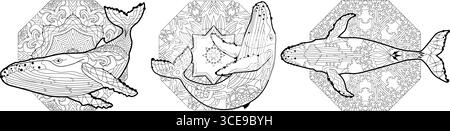 Schwimmende Wale für Anti-Stress-Malseite. Stock Vektor