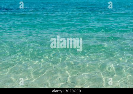 Flaches türkisfarbenes Meer mit Sonnenlichtreflexionen, die faszinierende Muster auf dem Sandboden erzeugen, perfekt für Sommer- und tropische Themen Stockfoto