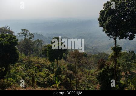 Atemberaubender Blick auf mehrschichtige Berge, die mit Morgennebel bedeckt sind, in den Hügeln des Sajek Valley Stockfoto