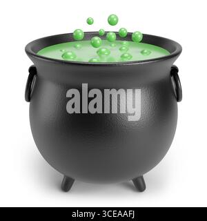 Kessel im Cartoon-Stil isoliert auf weißem Hintergrund. Halloween-Konzept. 3D-Abbildung. Stockfoto