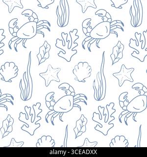 Nahtloses Muster mit Krabben und Muscheln. Doodle-Muster mit Meeresbewohnern. Stock Vektor