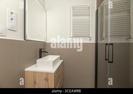 Modernes Bad mit ovalem Porzellanwaschbecken, verchromtem Thermostathahn und ebenerdiger Dusche mit rahmenlosem Glasgehäuse Stockfoto