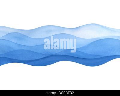 Blaue Wellen, handgezeichnet. Das abstrakte Meer. Aquarellabbildung, isoliert auf weißem Hintergrund. Clipart Stockfoto