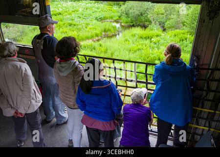Blick offene Tür in Alaska Wildlife aus Fracht Wagen des Zuges nach innen Alaska Railroad Hurrikan wenden USA letzten Passagiere Flagge sto Stockfoto