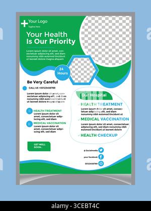 Modernes Krankenhaus-Flyer-Design für Gesundheitsdienste oder Ein visuell ansprechender Flyer, der verschiedene Gesundheitsdienste in einem Krankenhaus fördert. Stock Vektor