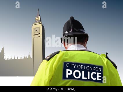 Britischer Polizist in Uniform mit der Aufschrift "POLICE" auf dem Rücken. Handgezeichnete 3D-Vektor-Illustration Stock Vektor