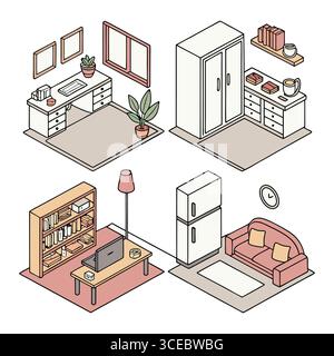 Stilvolle Vektor-Illustrationen von modernen Wohnmöbeln und Dekor in isometrischer Ansicht Stock Vektor