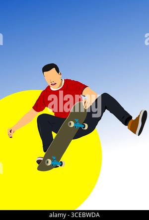 Skateboarden. 3D-Vektor handgezeichnete Farbdarstellung. Stock Vektor