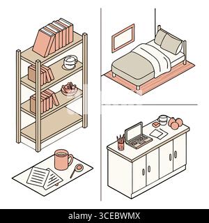 Stilvolle Vektorgrafiken eines modernen Schlafzimmers, Schreibtisch, Regal und Dekorationsgegenstände für die Inneneinrichtung Stock Vektor