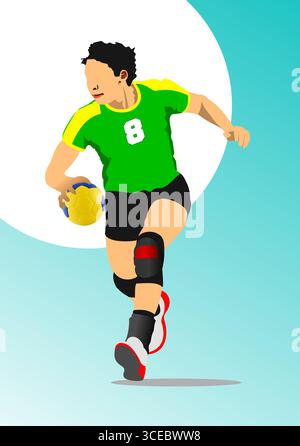 Handballspieler-Silhouette. 3D-Farbvektor handgezeichnete Illustration Stock Vektor