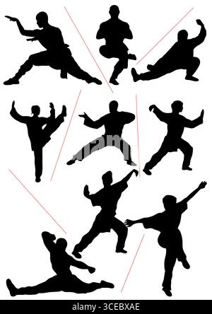 Silhouette von Menschen isoliert auf weißem Hintergrund. Wushu, Kung Fu, Taekwondo, Aikido. Sportpositionen. Designelemente und Symbole. Handgezeichneter Vektor i Stock Vektor