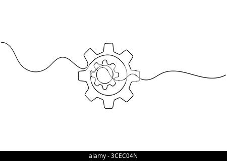 Zahnradsymbol durchgehend eine Linie mit einfacher Umrisse auf weißem Hintergrund Stock Vektor