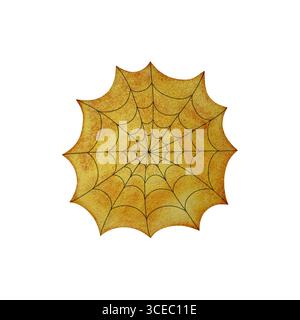 Aquarellabbildung eines orangen Spinnennetzes auf weißem Hintergrund. Gruselig und skurril, perfekt für Halloween-Designs, herbstliche Motive oder kreativ Stockfoto
