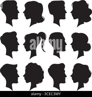 Silhouetten mit weiblichen und männlichen Gesichtern im Vintage-Cameo-Stil. Retro-Frau und Mann Gesicht Profil Porträt Silhouette. Stock Vektor