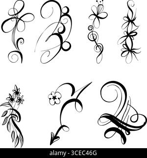 Elegantes Blumen-Tattoo-Set: Abstrakte Formen in Bewegung, ausdrucksstarke Kalligraphie, minimalistische Pinselstriche und ikonografische Motive. Merkmale Anmutig Abb. Stock Vektor