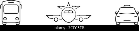 Symbolsatz Für Bus, Flugzeug Und Taxilinie. Öffentliche Verkehrsmittel, Flugreisen Und Taxi Service Outline Symbol Collection. Urbane Mobilität Und Reisen Stock Vektor
