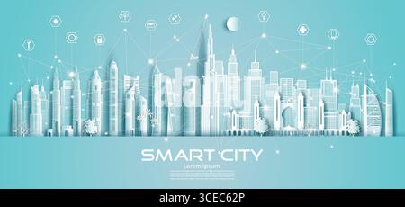 Drahtlose Technologie Netzwerkkommunikation intelligente Stadt und Symbol Netzwerktechnologie im Downtown Wolkenkratzer auf blauem Hintergrund, Vektor-Illustration futuri Stock Vektor