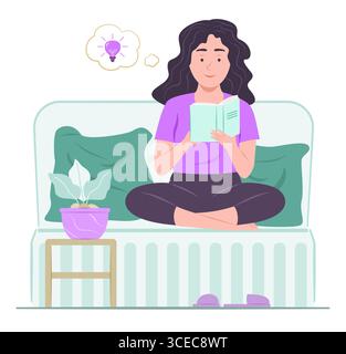 Junge Frau, die ein Buch liest und nachdenkt, während sie auf dem Sofa sitzt, um sich im Wohnzimmer zu entspannen Stock Vektor